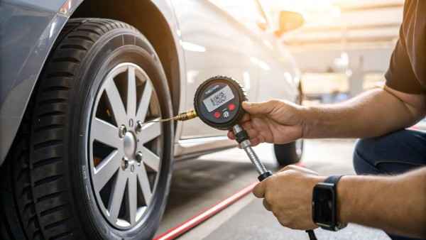 Tyre pressure gauge checking cold tyre air pressure